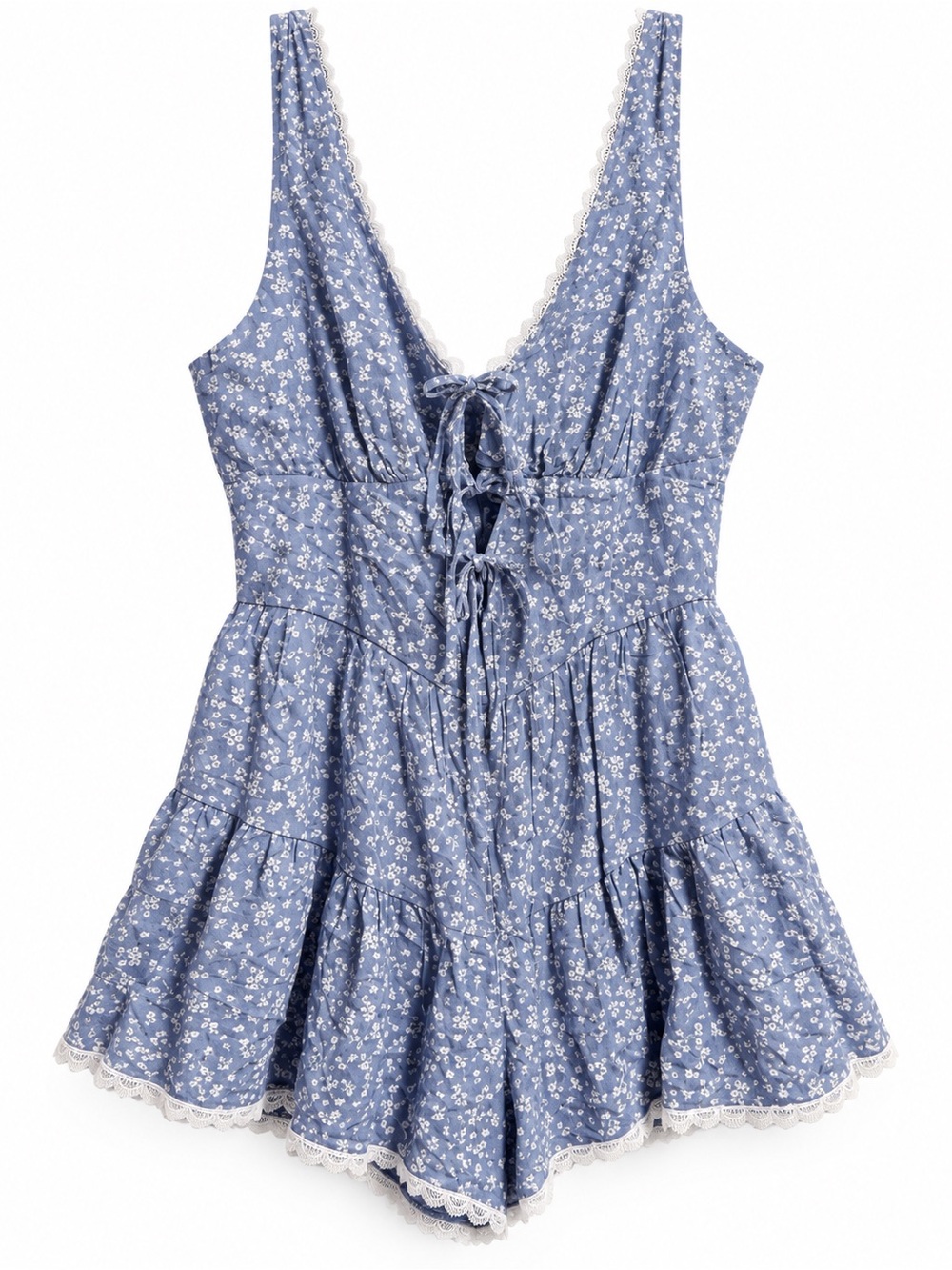 Francesca’s Blue Floral Lace Trim Romper | Size L